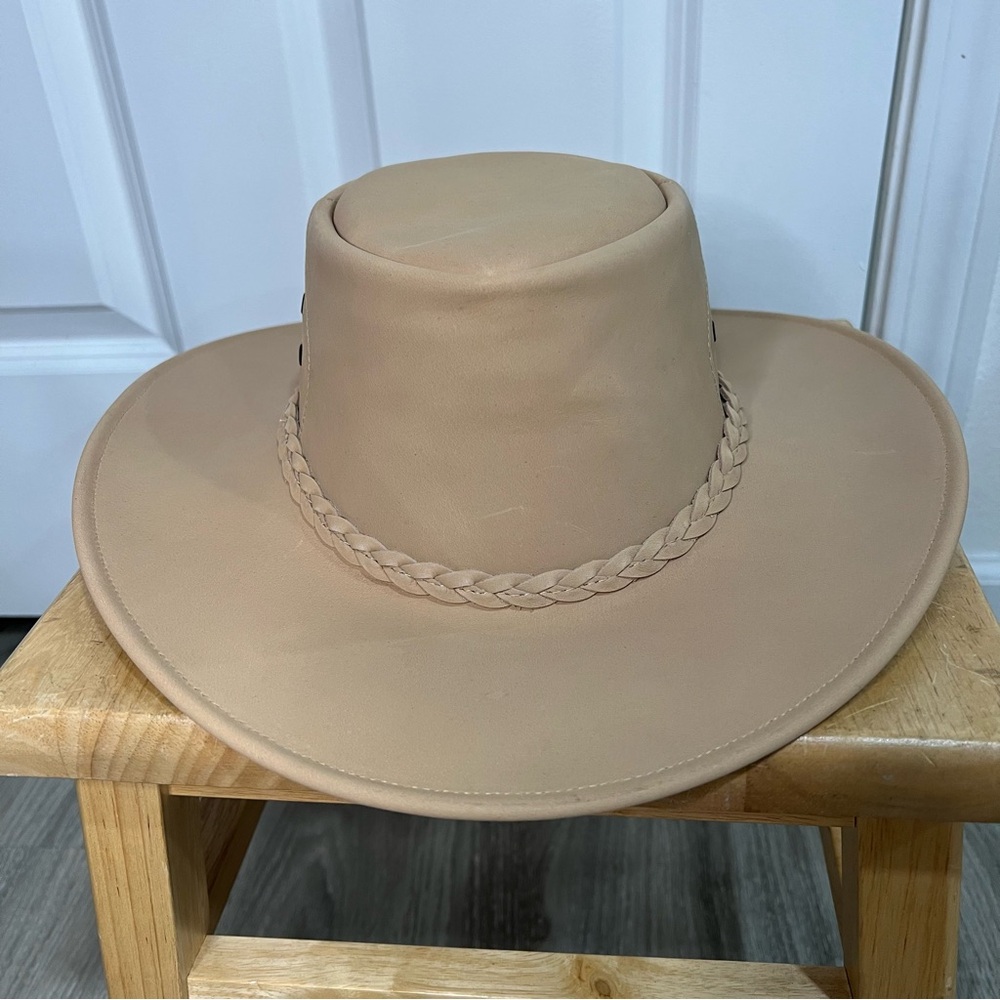 Beige Women's Leather Hat with Braided Detail